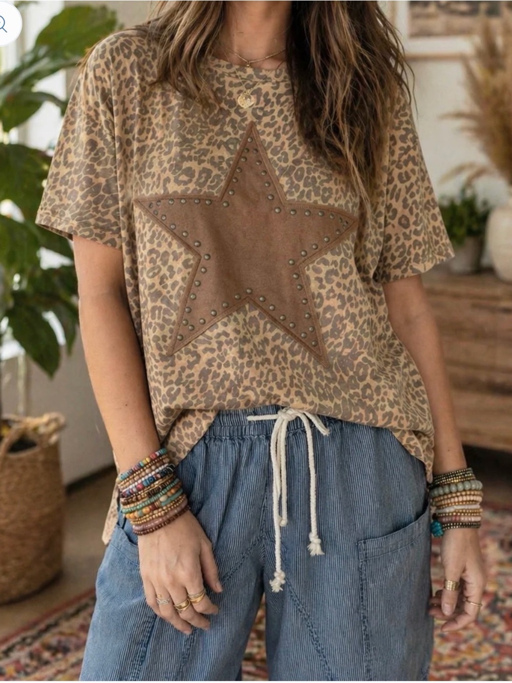 Studded Star Leopard Print Tee in Tan